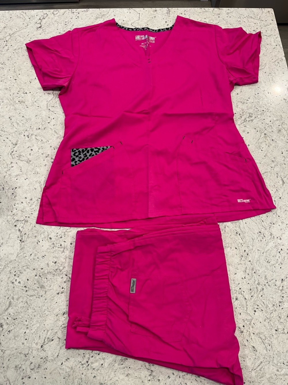 Grey’s Anatomy Bright Magenta Scrub Top & Pants Set with Leopard Pocket Accent